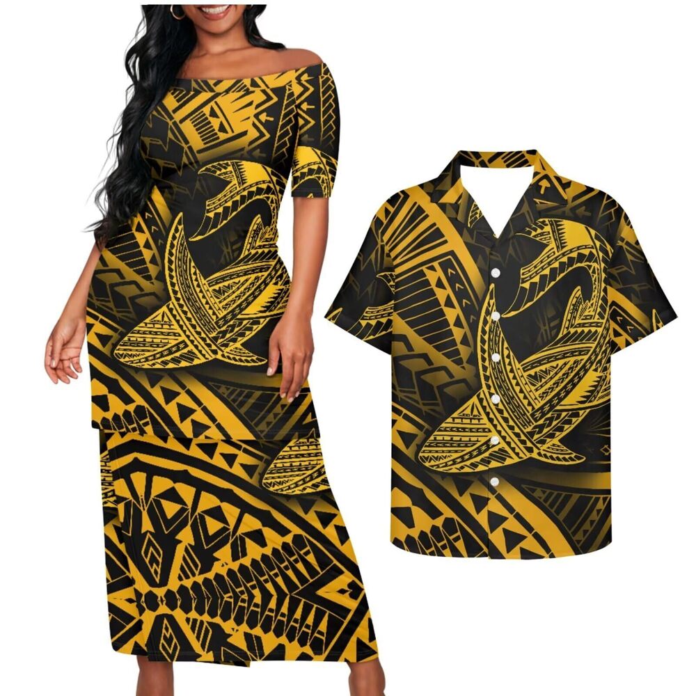 9742 Polynesian Tribal Clothing Couple Plus Size 2 Piece Dress Sets Black